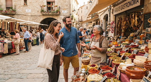 Group exploring a local historic market in a sunny village